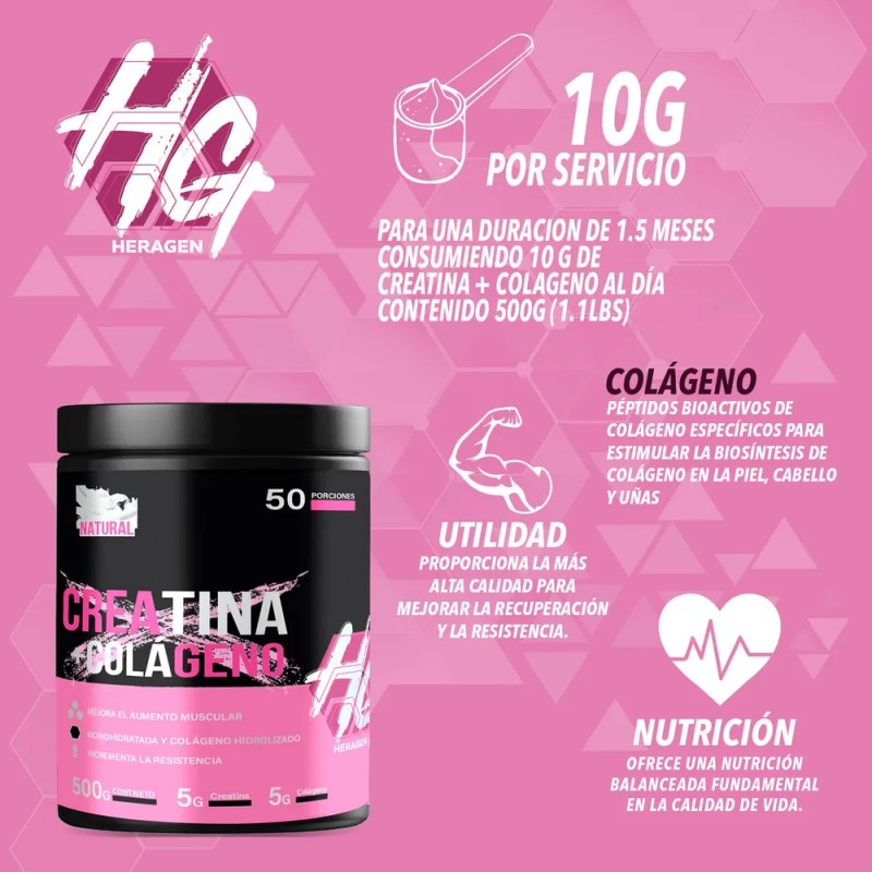 Suplemento Monohidratada Creatina Colgeno Heragen 500g Natural-