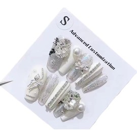 Generic Nails Handmade Press on Fake Nails，Christmas，snowflake，diamond，Mermaid, Rainbow, Butterfly, Stars,dark, cute, fairy,luxurious (Silver butterfly, M)