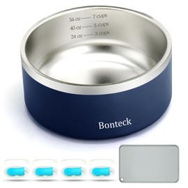 Bonteck Dog Bowl - Dog Water and Food Anti Rust & Non Slip Metal Bowls Large, Spill Proof Insulated Double Wall Pet Dish for Dogs, Cats & Pets, Stainless Steel, Dishwasher Safe (64 oz, Navy)