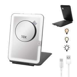 LUKYMIRO Rechargeable Travel Makeup Mirror with Lights, Portable Lighted Vanity Mirror with 10X Magnification, 70 LEDs 3 Color Lights, Touch Tabletop Folding Compact Cosmetic Mirror Black