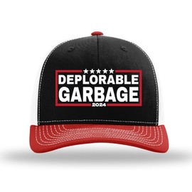 Patriot Pride Mens Funny Political Trump Deplorable Garbage Mesh Back Trucker Hat-Black/Red/White