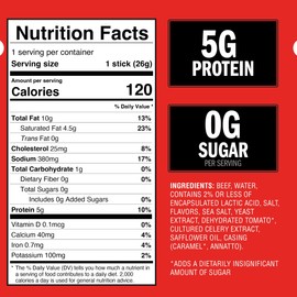 Jack Link's Beef Sticks, Original Zero Sugar - Protein Snack, Meat Stick with 5g of Protein, Meat Snack Sticks Made with 100% Beef, Keto & Paleo Diet Friendly, Individually Wrapped - 0.92 Oz. (20 Count)