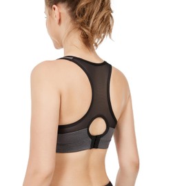 Yvette Sports Bra, Strong Hold, Mesh Racerback, Large Breasts without Underwire, Padded for Fitness, Running, Yoga, Smoke Grey