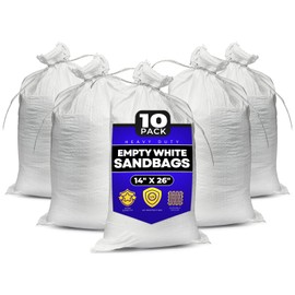 Sand bags with Ties 14" x 26" (Pack of 10) - Sand bags for Flooding, Woven Polypropylene Sandbags, 50 lbs Capacity, 14x26 inches, White
