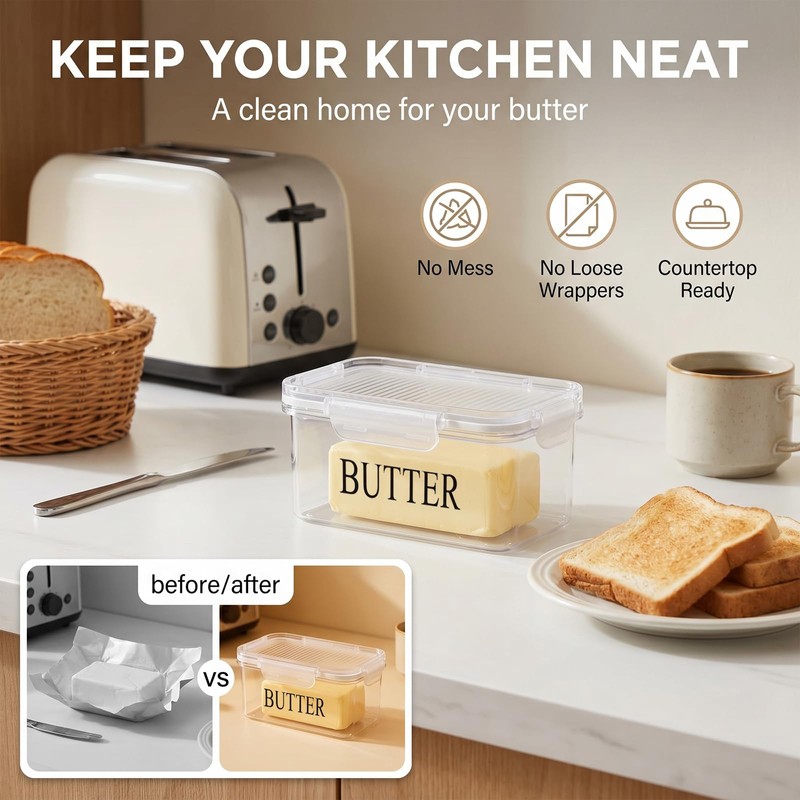 Butter Dish with Lid, PET Butter Keeper with Snap Locks,