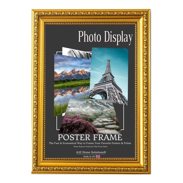 A2Z Home Solutions® Photo Poster Display Wall Hanging Ornate Gold Frame A3-29.7 × 42 cm For Print Picture With Clear Perspex 30x15mm Moulding Mounting Hooks MDF backboard