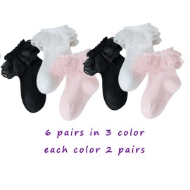 CHUNG Baby Girls Newborn Infant Lace Ruffles Cotton Frilly Socks Cute Mesh Thin Anti-Skid Floor Socks,6p-BlkWitPnk,5-7Y