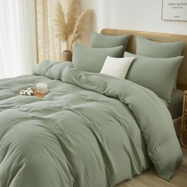 Luofanfei Cotton Muslin Bed Linen 155 x 220 cm Green Sage Green Renforce Plain Summer Cooling Boho Bed Linen Set Soft Crinkled Look Duvet Cover with Zip and Pillowcases 80 x 80 cm