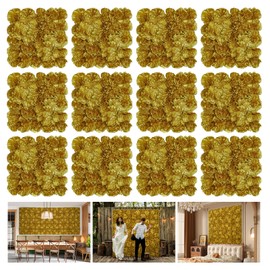 RIDDSEE Autumn Collection Artificial Fall Flower Wall Panels - 12-Piece Set of 15x15inch Gold Silk Roses Flowers Wall Backdrops for Fall Weddings Thanksgiving Background and Seasonal Home Elegance