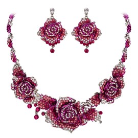 EVER FAITH Bridal Austrian Crystals Stunning Rose Flower Leaf Necklace Earrings Set Light Pink Silver-Tone