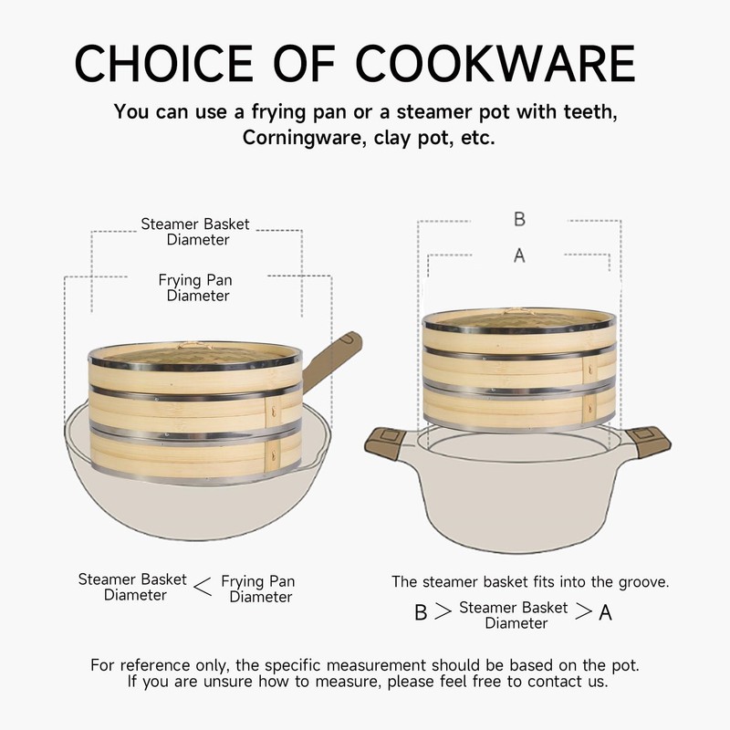 Hcooker 2-Tier Kitchen Bamboo Steamer with Stainless Steel Rings for