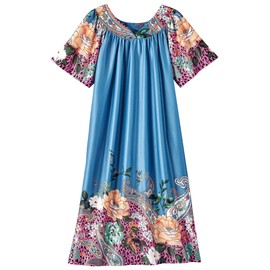 AmeriMark Women’s Lounger House Dress - Short Sleeve Patio Dress w/Side Pocket Teal Floral Paisley 1X