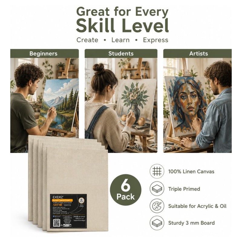 Exerz 24x30cm Linen Canvas Panels 6pcs - 3mm 320gsm 100%