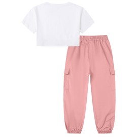 Betusline Cute Clothes for Teen Girls, Short Sleeve White Crop Tops Tee Shirts + Pink Cargo Jogger Pants Outfits 2pcs Clothes Set，9-10 Years = Tag 150