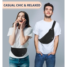 HiRui Large Crossbody Fanny Pack for Men Women Waist Bag Pack with 4-Zipper Pockets Phone Bag Fits All Phones Wallet Keys, Casual Hands-Free Waist Pack for Travel Workout Running (Black)