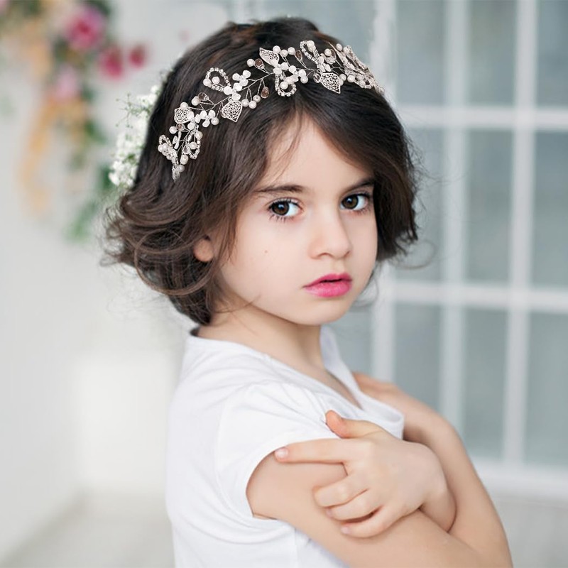 Campsis Princess Flower Girls Headpiece Silver Rhinestones Pearl Floral Bridal