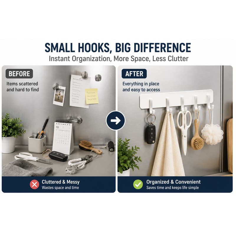 Magnetic Refrigerator Hook Rack with 5 Hanging Hooks, No-Drill Heavy