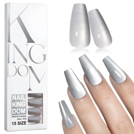 Bellelfin Cat Eye Press On Nails Long Coffin Fake Nails Kit Grey Cat Eye Nails Press on, Glossy Acrylic Nails Full Cover Stick On Nails, 120Pcs False Nails Shiny Artificial Nails for Women