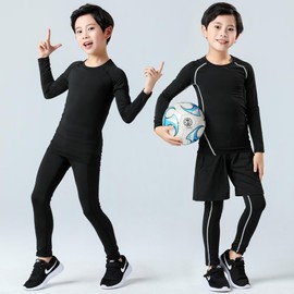 Guoegh Kids Base Layers Sets Boy Football Skins Compression Thermal Long Sleeve Top & Leggings Gym Sports Baselayers for children(Black,4-5 Years)