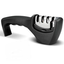 Knife Sharpener,3-Level Sharpening Tool for Repairing,4-in-1 Kitchen Knife Sharpener, Polishing, and Honing Blades | Durable Stainless Steel, Ceramic, and Tungsten Steel | Non-Slip Base | Black