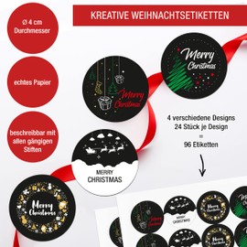 TOBJA® Sticker Christmas EN Black - 96 x Christmas Stickers for Gifts in 4 Variations | Sticker Set Merry Christmas | 4 cm Labels Round