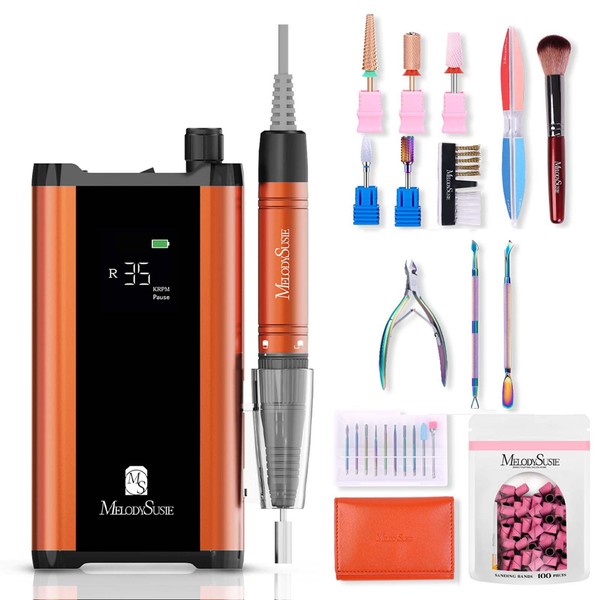 MelodySusie Professional Cordless Nail Drill 35000 RPM, Portable Rechargeable Nail Drill Machine Brushless Nail Efile, Low Noise Low Vibration Low Heat for Acrylic Nails Poly Gel, Orange Set