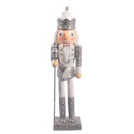 Ciao Christmas Nutcracker Toy Soldier King with Scepter (24 cm) Wooden Glittery Decoration, Silver/White