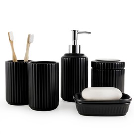 Bathroom Accessory Set 5PCS, Ceramic Bathroom Accessories Set, Classic Design Bathroom Accessories Sets Complete, Home Apartment Modern Bathroom Decor Vanity Countertop, ANTIS'S HOME (Black)