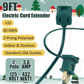 Kanayu Indoor Extension Cord 2 Prong Electric Cord Extender, Wire Plug in and End, AC 120 Volts, for Outdoor Christmas Connect or Extend String Lights (Green,9ft)