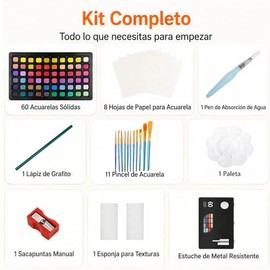 JeeLeeko Kit de Acuarelas 60 Colores con Estuche de Metal, Set de Pintura Acuarela con Papel, Pinceles, Pluma de Agua, Paleta y Accesorios, Material A