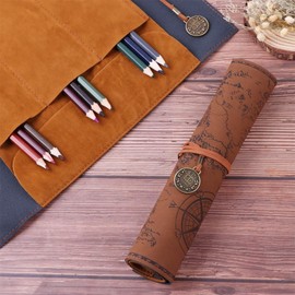 BetterJonny Leather Pencil Case, Vintage Pencil Case, Retro Pencil Case, Roll Pencil Case, Pirate Look Pencil Case with Printed Treasure Map for Men and Women, Brown A
