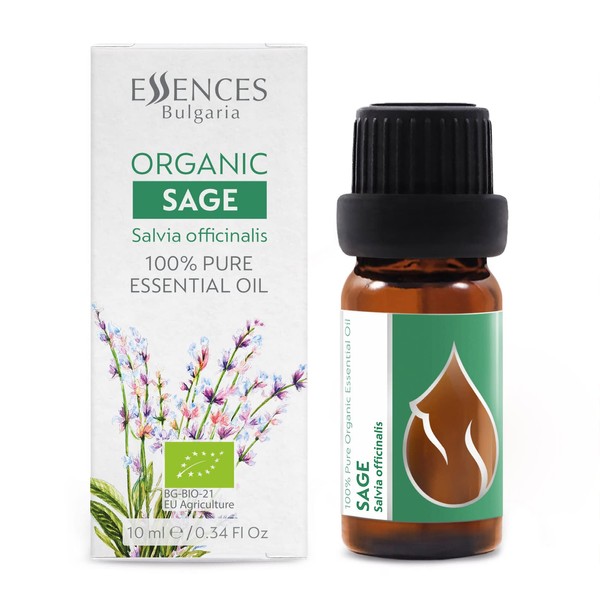 Essences Bulgaria Organic Sage Essential Oil 10 ml | Salvia officinalis | 100% Natural | Undiluted | Organic Certified | Top Quality from Family Business | No Genetic Engineering | Vegan