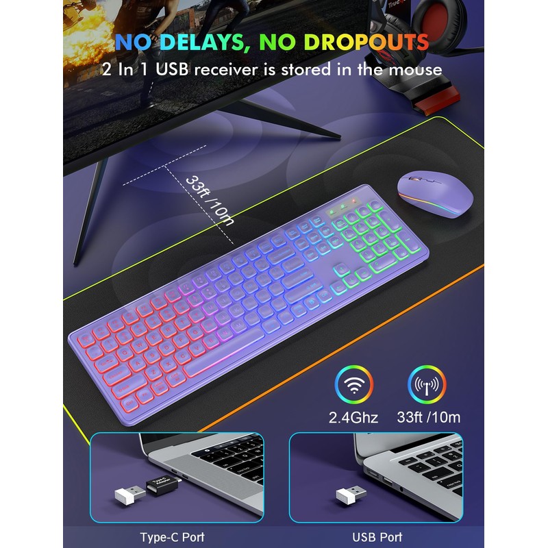 Wireless Keyboard and Mouse Combo, RGB Backlit, Rechargeable & Light