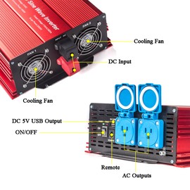 Fit4Less 1000W Pure Sine Wave Inverter 12V to 120V AC with 2 AC outlets (IP54 ETL Approved Sockets),DC5V 2 Amp USB Output, Wire Remote kit and OFC Battery Cables,Input terminals Fixing Wrench