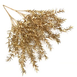 PASYOU Fake Plants Christmas Decorations, Artificial Flowers Golden Plastic Shrubs Faux Leaves Outdoor Indoor Home Garden Party Room Bedroom Office Wedding Table Centerpiece DIY Decor, Gold 6 Bunches