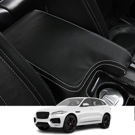 Kakash Custom Interior Accessories for F-PACE/F PACE 2017 2018 2019 2020 Leather Center Console Cover Armrest Pad,Waterproof Anti-Scratch Protector Your Armrest(White Stitches)