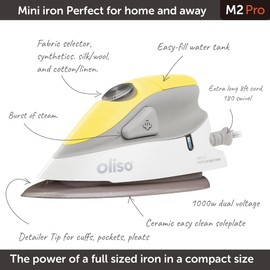 oliso M2Pro Mini Steam Iron with Solemate® – 1000 Watt Dual Voltage Travel Iron for Sewing, Quilting, and Crafting – Ceramic Soleplate, Precision Tip – Butterscotch