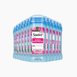 Suave Antiperspirant Deodorant For Women, Invisible Underarm Deodorant, 48hr Odor & Wetness Protection, Aloe & Rosewater, Sensitive Skin Deodorant Solid Stick, 2.6 oz (12 Bulk Pack)