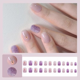 24 Pcs Mauve Press on Nails Extra Short Square,LINMEIZAI Flower French Fake Nails Press ons Nail Tip Glue on Nails Full Cover Acrylic Nail Kit False Nails with Purple Glitter Nail Art Design for Women