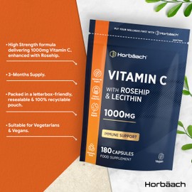 Vitamin C 1000mg with Rosehip | 180 Capsules | High Strength Vitamin C as Ascorbic Acid with Added Rosehip and Sunflower Lecithin | Vegan Supplement | by Horbaach