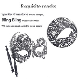 Geek-M Masquerade Mask with Stick Women Men Mardi Gras Mask Rhinestone Metal Mask Costume Masks for Party Prom Ball (Black 024)