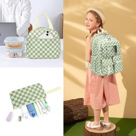 Dezcrab Girls School Backpack Set - Teens Kids School Bag Bookbag with Lunch Box Pencil Case for Elementary Middle School (Checkered Green)
