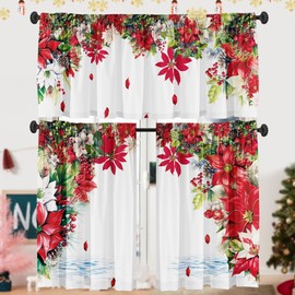 SUNWISHA Christmas Poinsettia Curtain Valances 3 Piece Set Upper Curtain 52'' Lx18'' W & Lower Curtain 36'' L X 26'' W X2 Kitchen Windows Decor Red