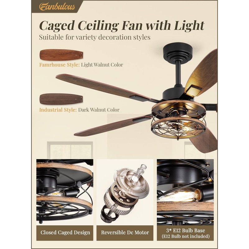 52 Inch Farmhouse Ceiling Fan with Light and Remote, Black