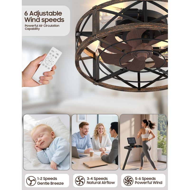 Caged Ceiling Fan with Light and Remote, 20" Low Profile