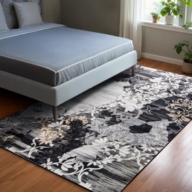 CRYPTOLITE Abstract Area Rug 5x7 Feet, Washable Rug with Non-Slip Backing, Low Pile Area Rug Carpet for Living Room Bedroom Dining Room, Black