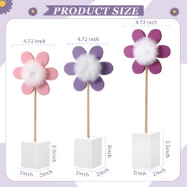Chunful 3 Pcs Daisy Nursery Shelf Decor Boho Daisy Table Centerpieces Wooden Flower Nursery Decor Bohemian Style Standing Tabletop Decoration for Home Bedroom Bookshelf Party Gift(Purple)