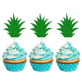 36 piezas de decoración de donas de piña verde para magdalenas, palillos de piña con purpurina verde para luau, despedida de soltera, fiesta de verano, suministros de decoración de alimentos