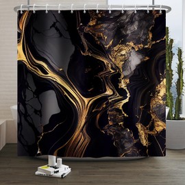 Xiaoterna Marble Shower Curtain Abstract Black Gold Marble Bathroom Curtain Gold Powder Sparkling Modern Luxury Marble Shower Curtain Machine Washable Waterproof Fabric 150x200cm