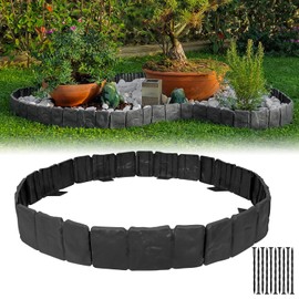 Garden Edging Border NO DIG, with Landscape Edging Anchoring Spikes, Black Stone Effect Plastic Lawn Edging Fencing, Interlocking Yard Lawn Edging for Flower Bed | 16 Ft | 20Pcs | Black |
